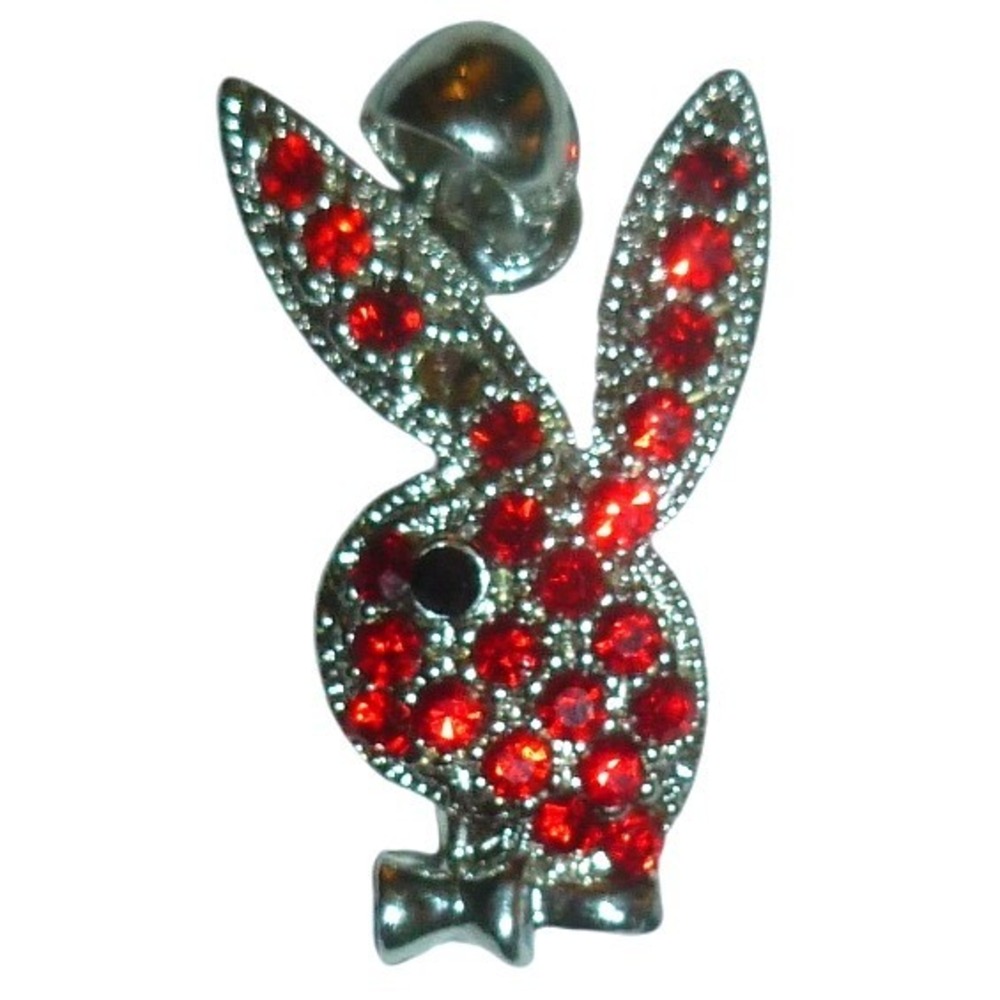 Playboy Bunny Pendant Silver Tone Red Rhinestone Pave Rabbit Head Logo‎ Charm